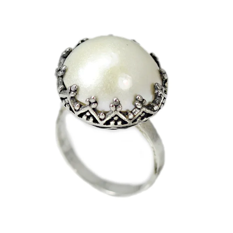 women men’s wedding rings -Sterling Silver Button Pearl Ring