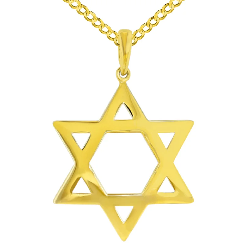 women layered necklaces -Polished 14K Yellow Gold Large Star of David Pendant with Cuban Necklace