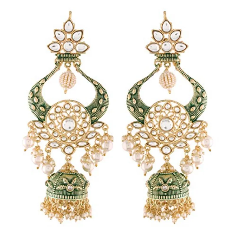 women long chain earrings -Etnico 18K Gold Plated Intricately Designed Traditional Green Enamel Glided With Kundans & Pearls Jumka Earrings For Women (E2902G)