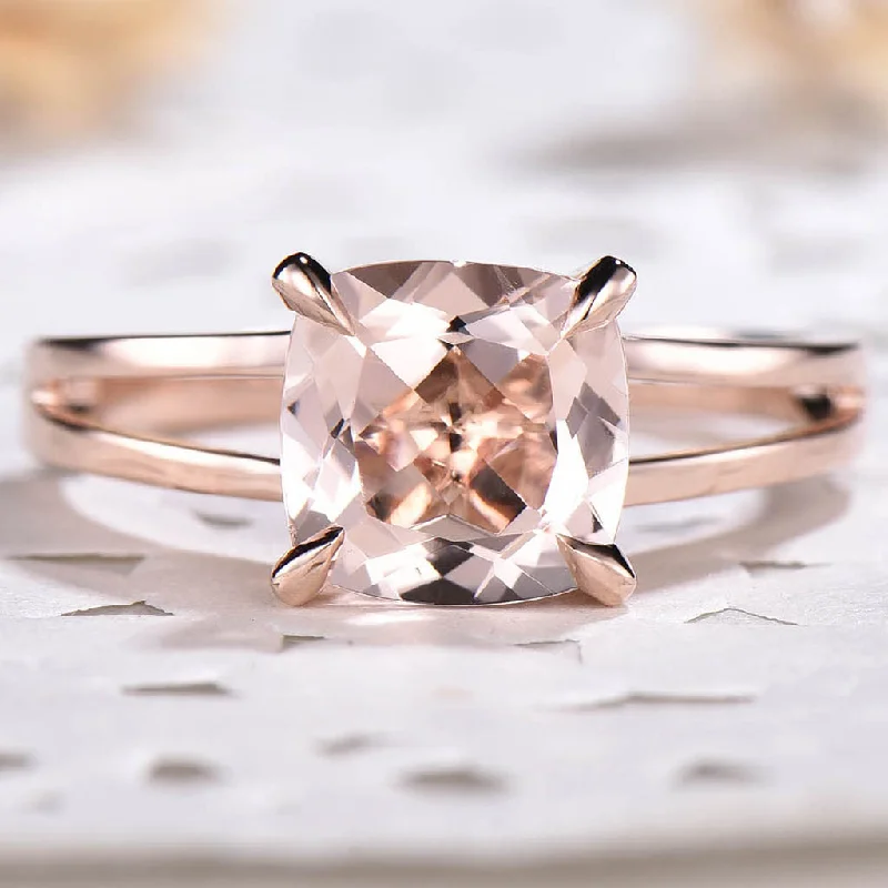 women ruby engagement rings -8x8 Cushion Solitaire Morganite Engagement Ring 14k Rose Gold Split Shank Stacking Band