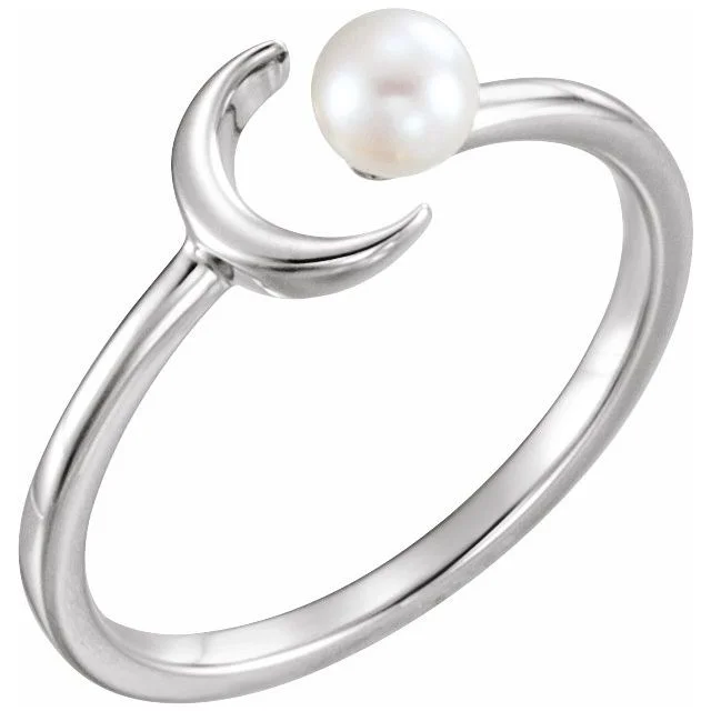 women diamond solitaire rings -Sterling Silver Cultured Freshwater Pearl Crescent Moon Ring