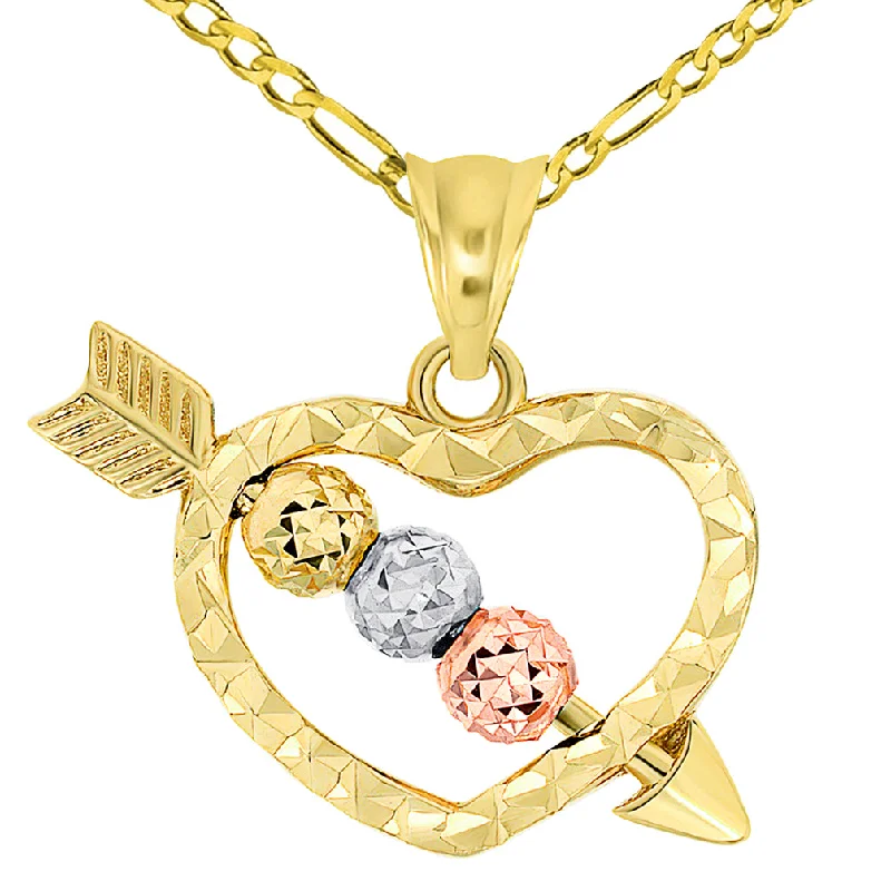 women crystal necklaces -14k Tri-Color Gold Beaded Cupid's Love Arrow Through Textured Small Heart Pendant Necklace with Figaro Chain