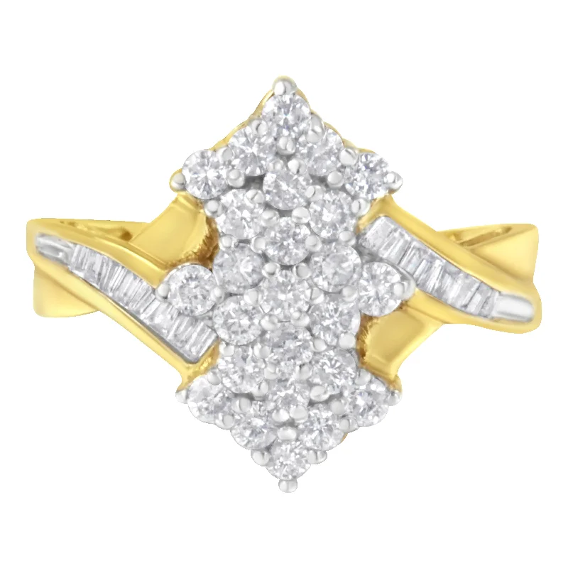 women one-of-a-kind engagement rings -10K Yellow Gold Round And Baguette Cut Diamond Cluster Ring