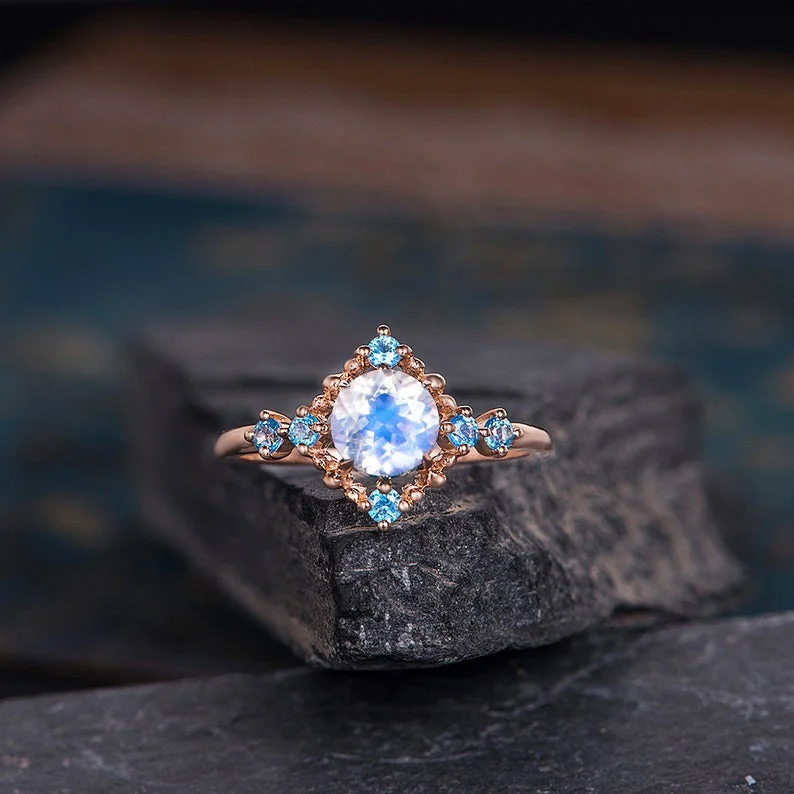 women oval engagement rings -Rainbow Moonstone Engagement Ring And Blue Topaz Birthstone Anniversary Gifts