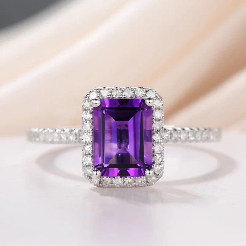 women men’s engagement rings -Natural 6x8mm Emerald Cut Amethyst Engagement Ring Diamond Wedding Ring 14k White Gold Halo Prong Set