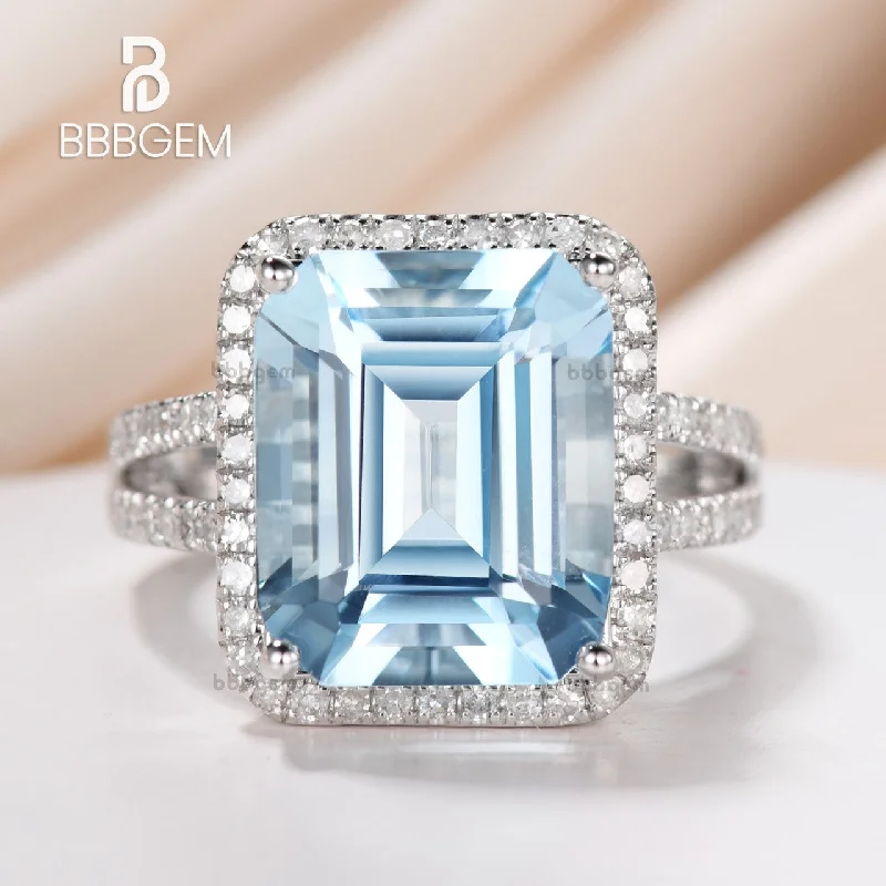 women simple engagement rings -10x12mm Emerald Cut Aquamarine Engagement Ring Diamond Wedding Ring 14k White Gold Split Shank Halo Prong Set