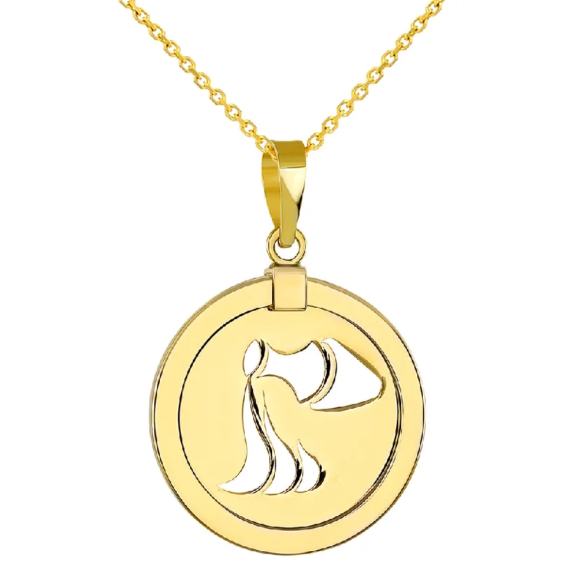 women rose gold necklaces -14K Yellow Gold Reversible Round Aquarius Zodiac Sign Pendant Necklace