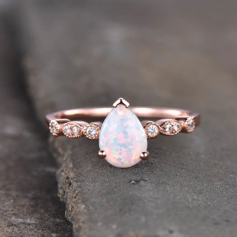 women engagement rings with side stones -5X7 mm Pear Shaped Opal Diamond Engagement Ring Classic Rose Gold