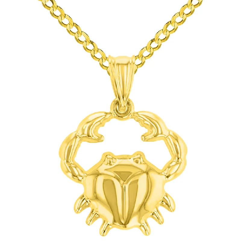 women layered necklaces -High Polish 14k Yellow Gold 3D Cancer Zodiac Sign Charm Crab Animal Pendant Cuban Curb Chain Necklace