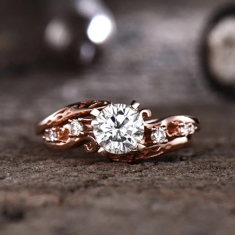 women one-of-a-kind engagement rings -Forever One Moissanite Engagement Ring Rose Gold Moissanite Wedding Set Art Deco Unique Wedding Ring Antique Bridal Set Curve Open Band 14K