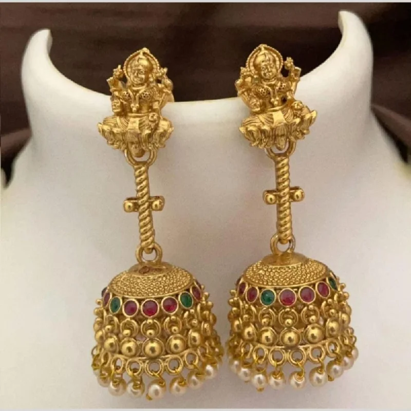 women gem earrings -Joyful Jewel Art Matte Gold Plated Pota Stone Temple Jhumki Earrings