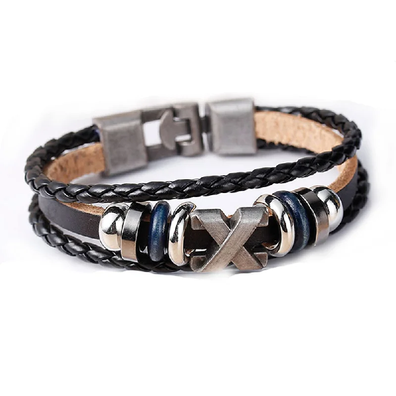 women romantic bangles -Women and Men's Real Leather Multilayer Bracelets Black Cord Metal Multicolor X Shape Beads