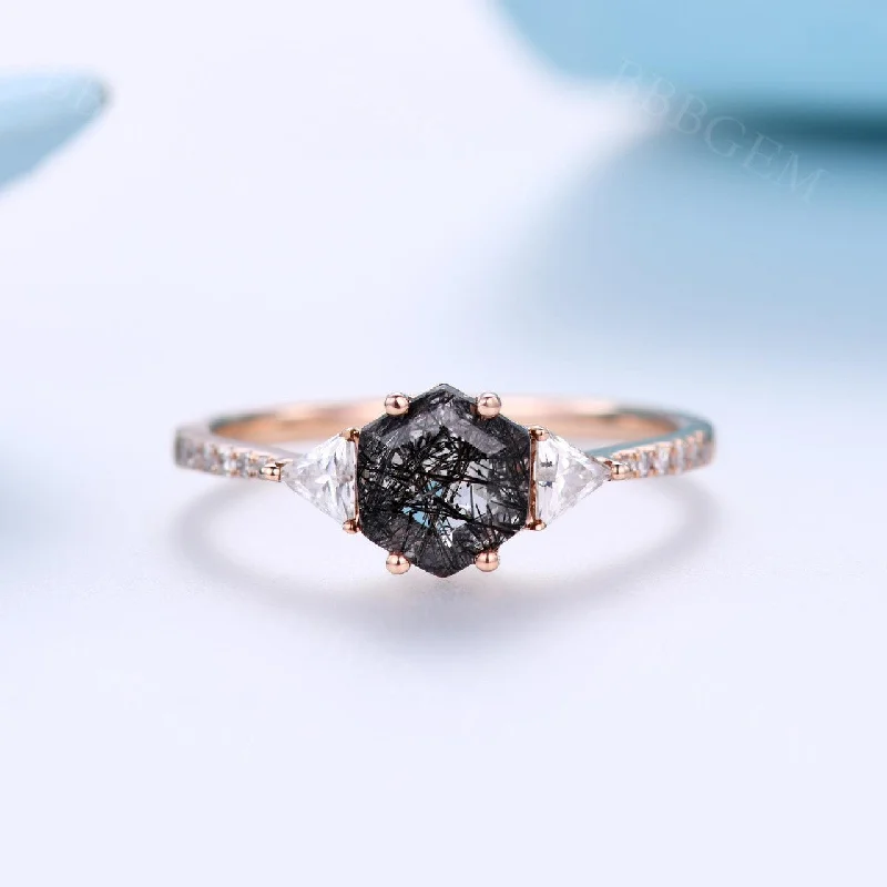 women double halo engagement rings -Hexagon Black Rutilated Quartz Engagement Ring Diamond Ring