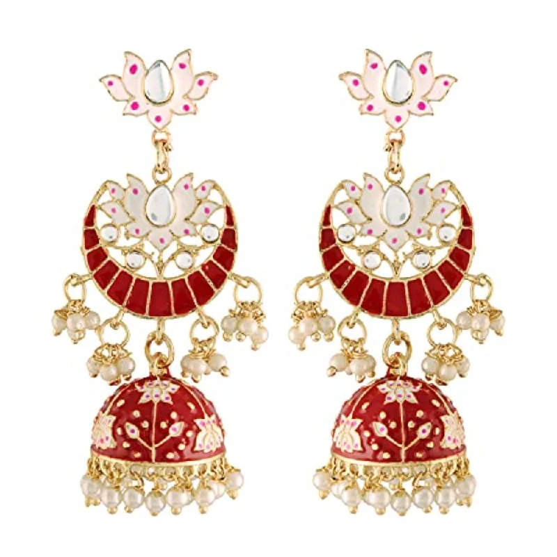 women chain earrings -Etnico 18K Gold Plated Traditional Floral Kundan Studded Red Meenakari Jhumka Earrings For Women (E2912R)