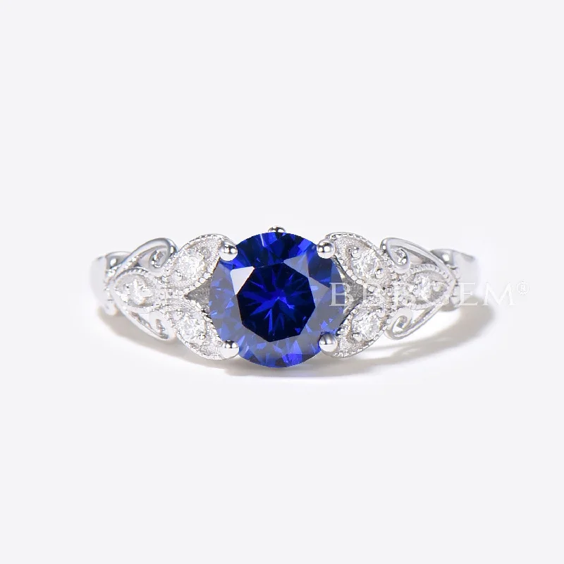 women diamond band engagement rings -14K Gold Filigree Ring 1CT Round Blue Sapphire Engagement Ring