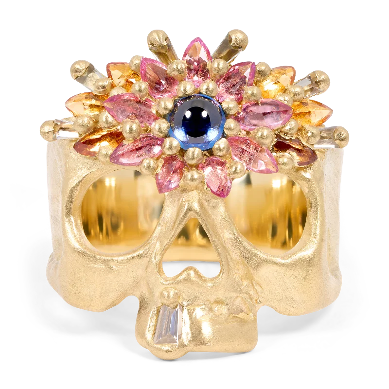 women sapphire and diamond rings -Pink Daisy Garland Skull Ring - Size 7.5 - 11795