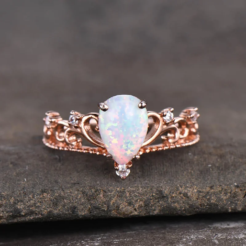 women moissanite engagement rings -Pear Shaped Opal Diamond Engagement Ring Floral Rose Gold Queen