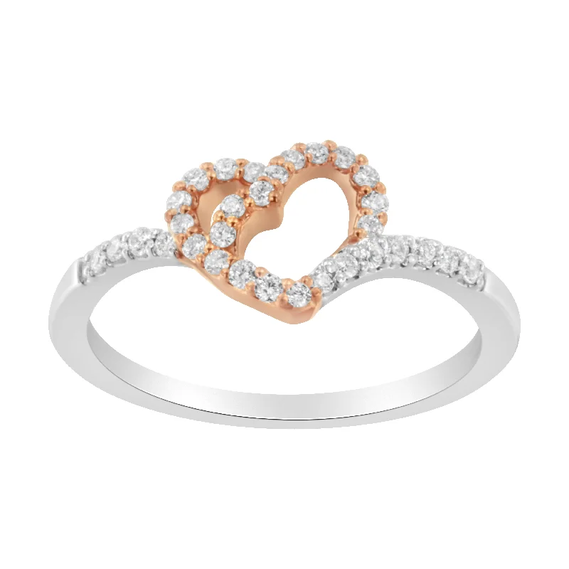 women diamond ring engagement sets -10K Rose Gold over .925 Sterling Silver 1/5 Cttw Diamond Two Tone Open Heart Promise or Fashion Ring