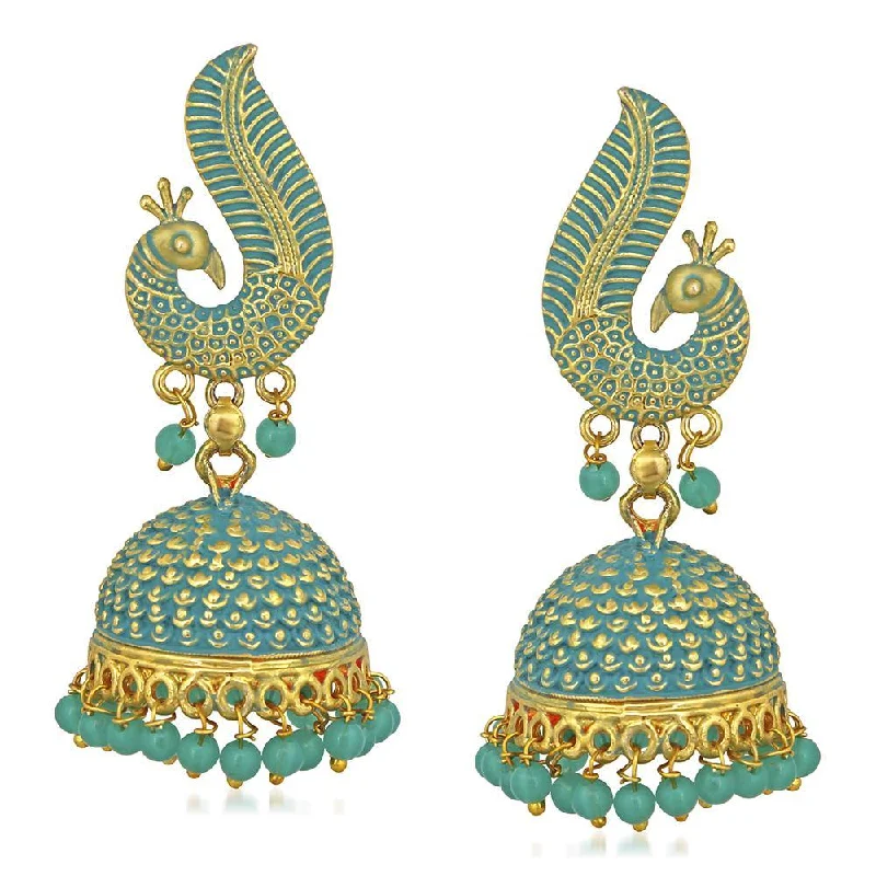 women dainty earrings -Mahi Gold Tone Blue Meenakari work Blooming Peacock Shaped Jhumki Earrings with Artificial Pearl for Women (ER1109735GBlu)