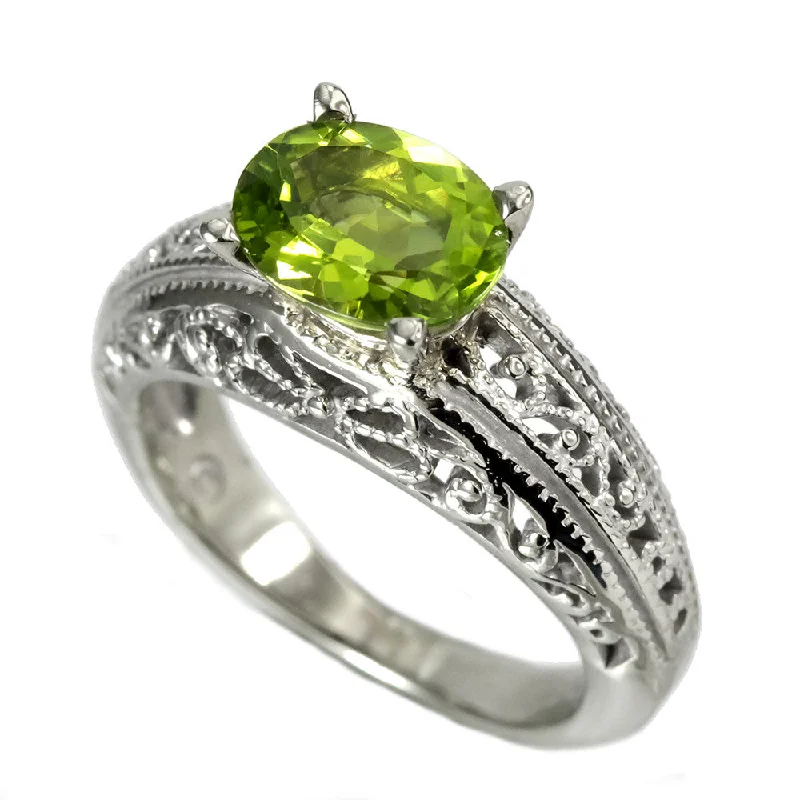 women gold rings -14K White Gold Filigree Shank Peridot Ring