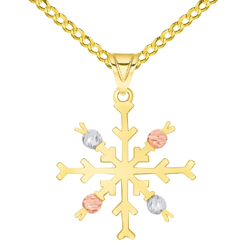 women charm necklaces -Solid 14k Tri-Color Gold High Polish Snowflake with Textured Beads Pendant Available with Curb Chain