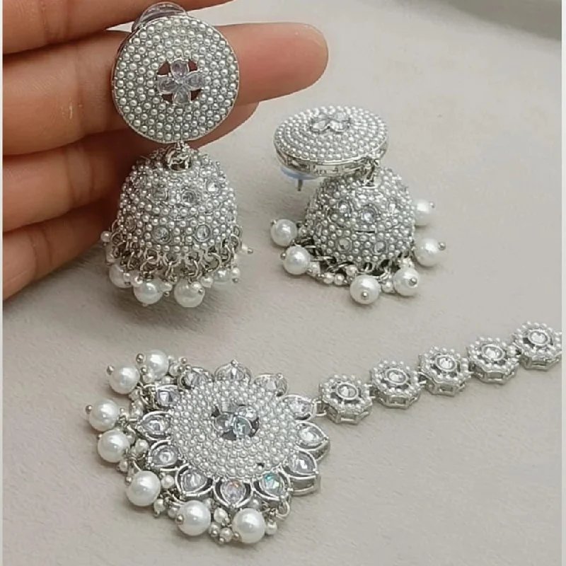 women sparkly earrings -FS Collection Silver Plated Crystal Stone And Pearls Jhumki With Maangtikka