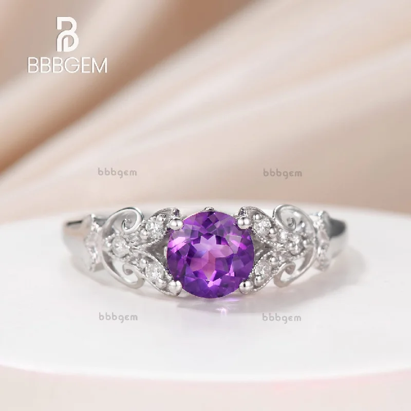 women sterling silver engagement rings -Round Amethyst Engagement Ring art deco wedding band,antique Amethyst floral ring white gold