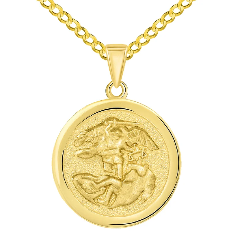 women vintage necklaces -Solid 14k Yellow Gold Round Saint Michael the Archangel Medallion Pendant with Curb Chain Necklace