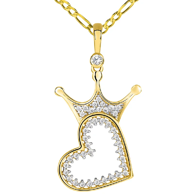 women eco-friendly necklaces -14k Yellow Gold CZ Crowned Open Sideways Heart Pendant Figaro Necklace