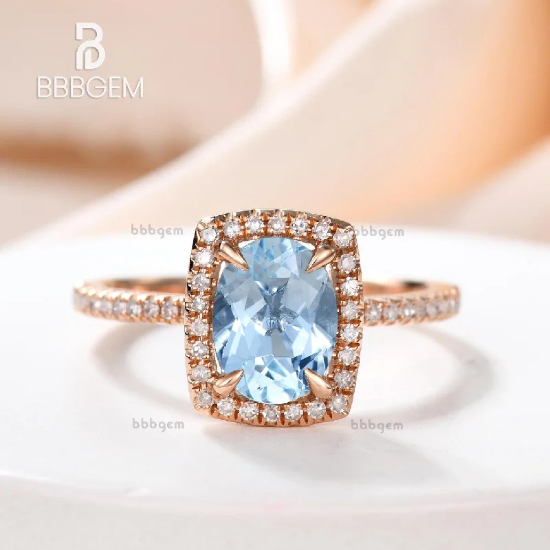 women modern engagement rings -6x8mm Oval Aquamarine Engagement Ring Diamond Wedding Ring 14k Rose Gold Blue Gemstone Pave Thin Design Cushion Halo