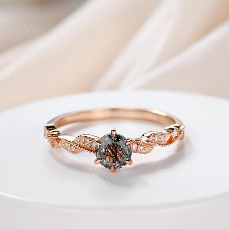 women two-tone engagement rings -Natural Black Rutilated Quartz Engagement Ring Diamond Ring