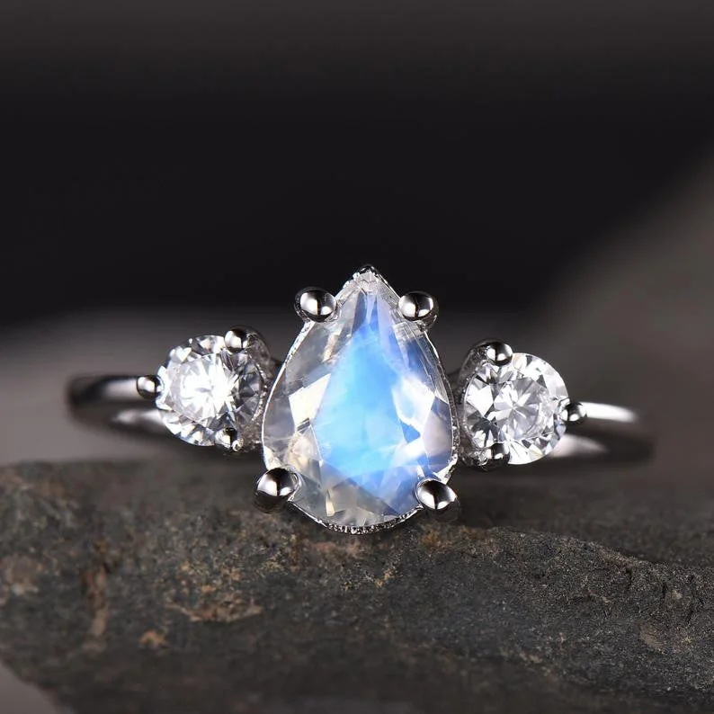 women round engagement rings -Vintage Female Pear Moonstone Engagement Ring Silver/White Gold Three Stone