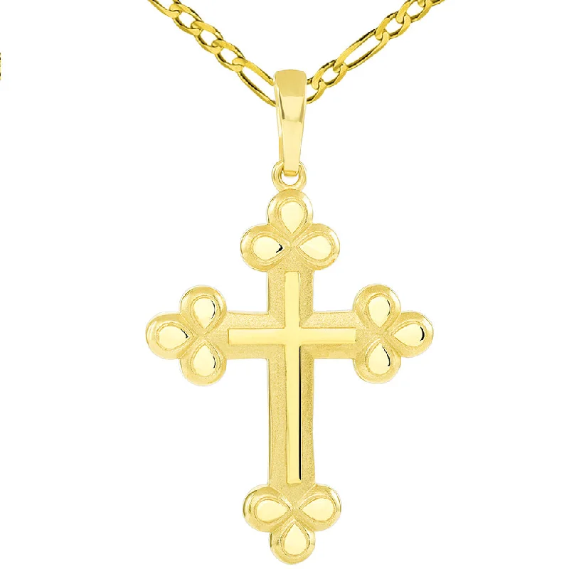 women minimalist gold necklaces -14k Yellow Gold Polished and Matte Finish Christian Eastern Orthodox Cross Pendant with Figaro Necklace