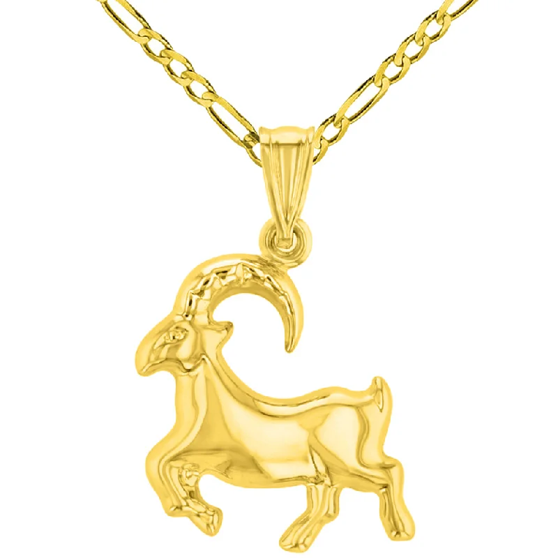 women matching necklaces -High Polish 14k Yellow Gold 3D Capricorn Zodiac Sign Charm Sea-Goat Animal Pendant Figaro Chain Necklace