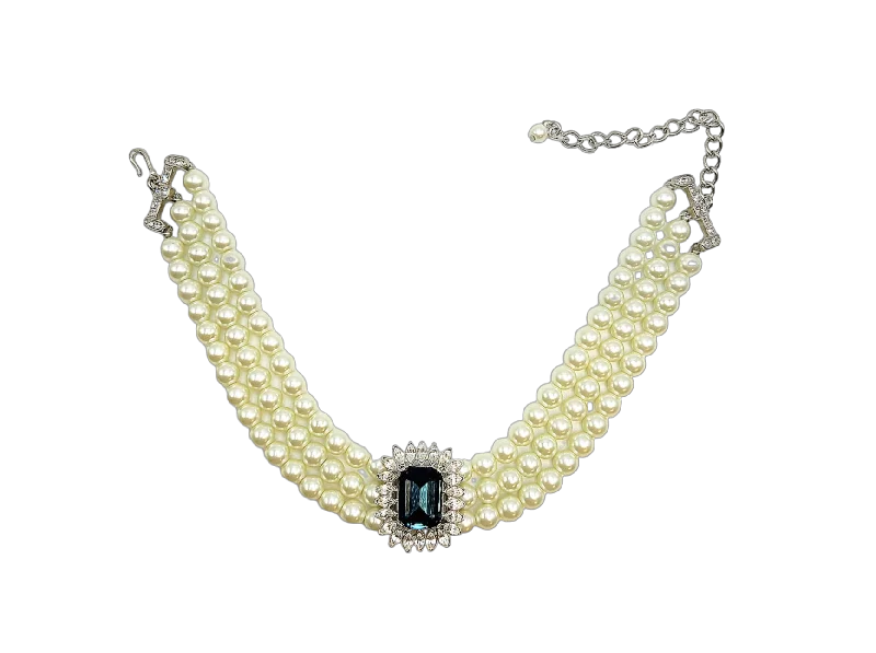 women statement necklaces -3 Row Pearl Choker With Sapphire and Crystal Center