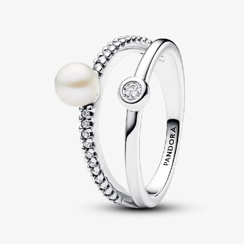 women engraved wedding rings -PANDORA : Treated Freshwater Cultured Pearl & Pavé Double Band Ring - Sterling Silver