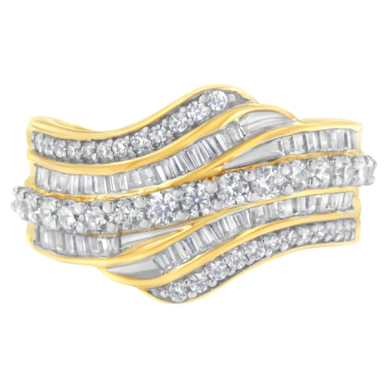 women black diamond engagement rings -10K Yellow Gold 1.0 Cttw Baguette and Round Diamond Multi-Row Wave Bypass Ring