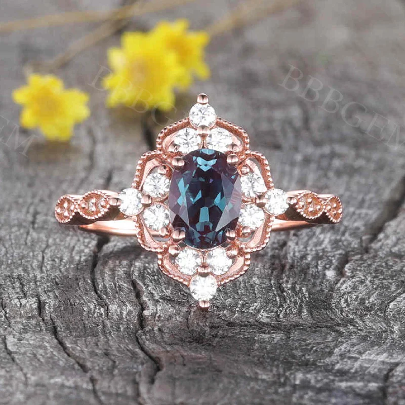 women sapphire engagement rings -Vintage Filigree Alexandrite Engagement Ring Diamond Halo Ring