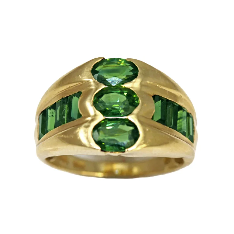 women double band rings -14K Yellow Gold Multi Green Tourmaline Ring