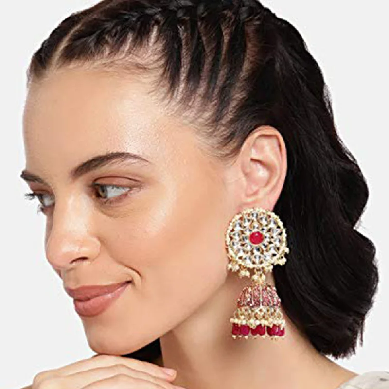 women ear thread earrings -Etnico 18K Gold Plated Intricately Designed Traditional with Detachable Hair Chain Encased With Kundans & Pearls Jumka Earrings For Women (E2910M)