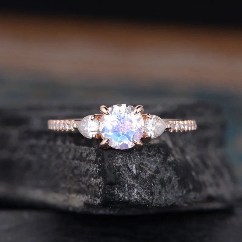 women emerald and diamond engagement rings -Rose Gold Female Moonstone Engagement Ring With Pear Moissanite June Birthstone