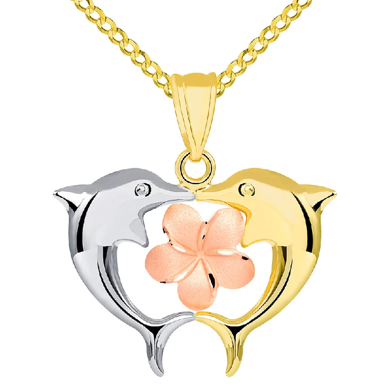 women artistic necklaces -14k Tri Color Gold High Polish Kissing Dolphins with Hawaiian Plumeria Flower Pendant Cuban Necklace