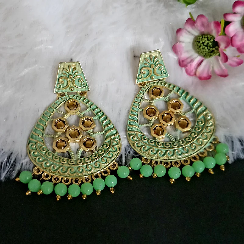 women mixed metal earrings -Woma Matte Green Meenakari Dangler Beads Drop Earrings