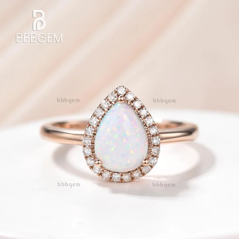 women modern engagement rings -14K/18K Gold Classic Pear Shaped Opal Rose Gold Engagement Ring Halo