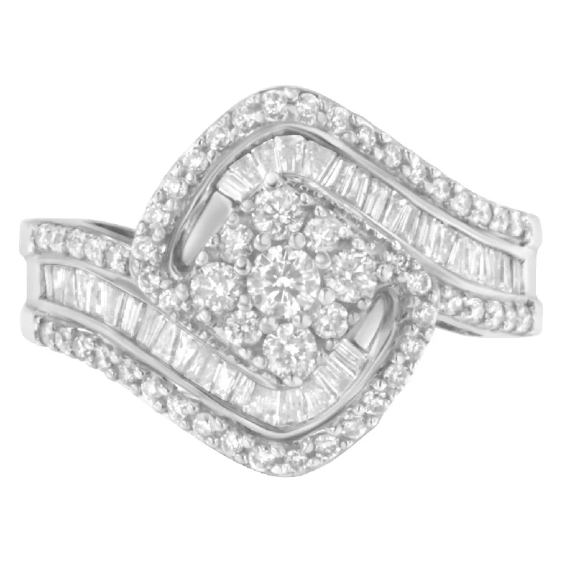 women simple engagement rings -14K White Gold 1.0 Cttw Baguette & Brilliant-Cut Diamond Round Floral Cluster Engagement or Fashion Ring with Swirl Wrapped Triple Row Band