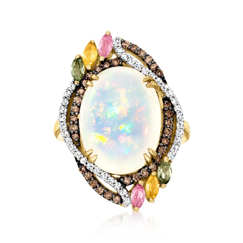 women romantic engagement rings -Ross-Simons Opal and Multicolored Sapphire Ring With . Brown and White Diamonds in 14kt Yellow Gold