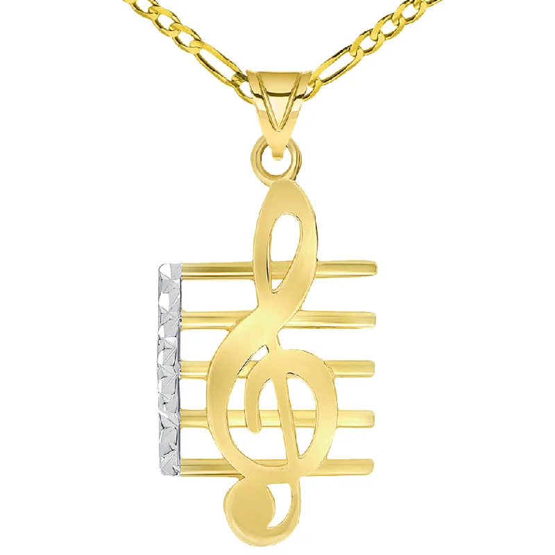 women crystal pendant necklaces -14k Yellow Gold Textured G Clef Musical Note On Staff Pendant Necklace with Figaro Chain