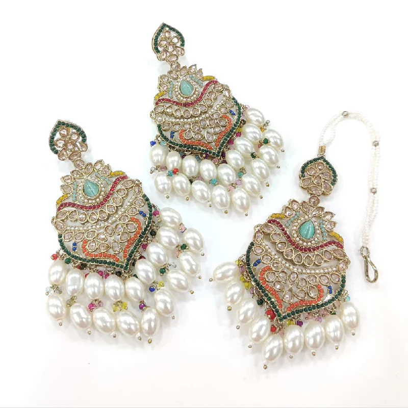 women custom earrings -Anjali Jewellery Gold Plated Crystal Stone And Pearls Dangler Earrings With Maangtikka