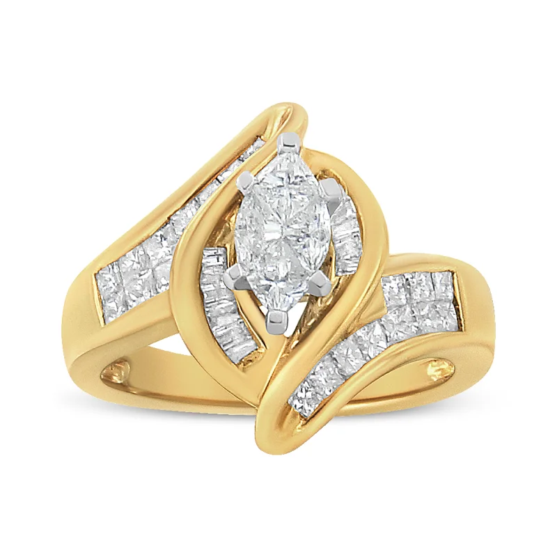 women sapphire diamond engagement rings -14K Yellow Gold Princess, Baguette, and Pie cut Diamond Marquise Shaped Ring