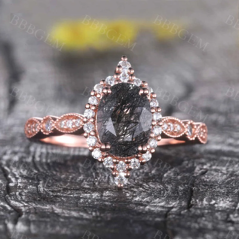 women modern luxury engagement rings -Black Rutilated Quartz Engagement Ring Rose Gold Vintage Diamond Wedding Ring